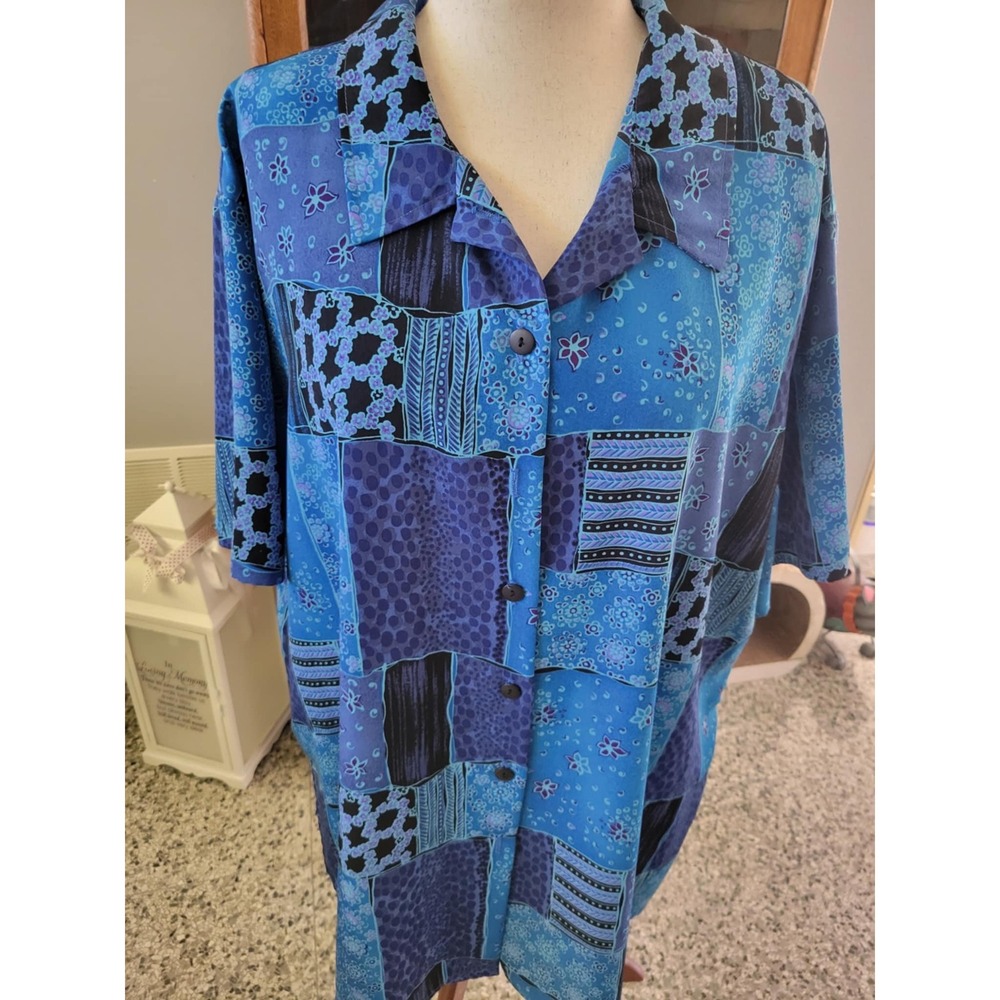 A Personal Touch 4X Blue Patchwork Print Button Up Blouse Short Sleeve Made USA